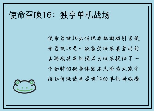 使命召唤16：独享单机战场